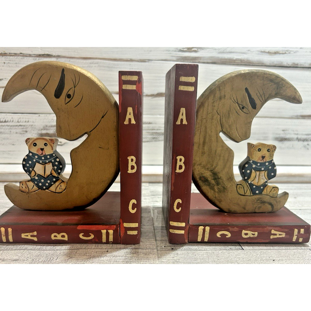 Vintage Moon Bear ABCs Painted Carved Wood Bookends Child Nursery Decor Rustic